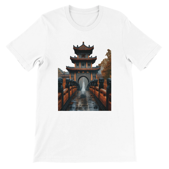 White Ancient Chinese Mega Bridge animated style t-shirt with premium soft cotton fabric unisex streetwear fit vibrant DTG printed design inspired by iconic Asian architecture perfect for travel lovers and cultural fashion enthusiasts eco friendly casual wear