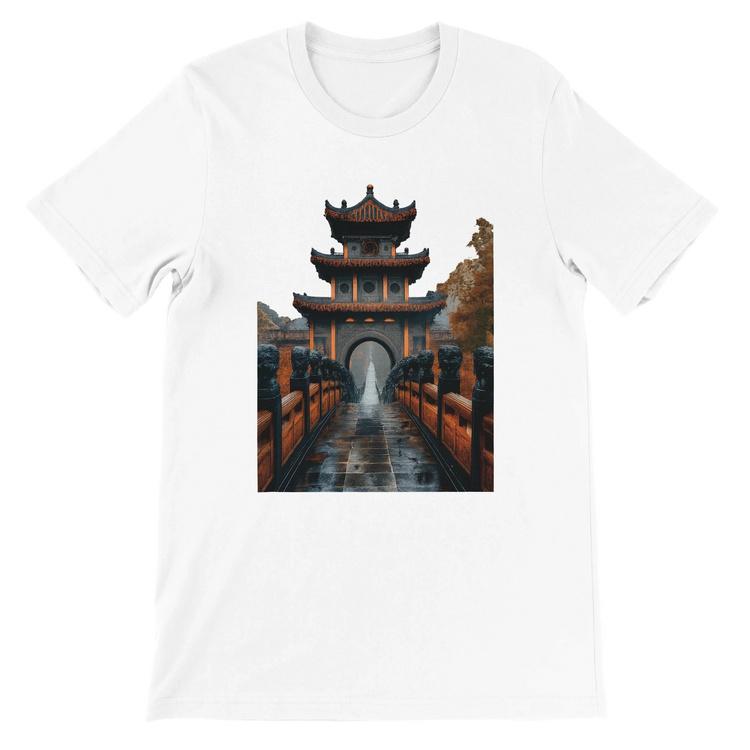 White Ancient Chinese Mega Bridge animated style t-shirt with premium soft cotton fabric unisex streetwear fit vibrant DTG printed design inspired by iconic Asian architecture perfect for travel lovers and cultural fashion enthusiasts eco friendly casual wear