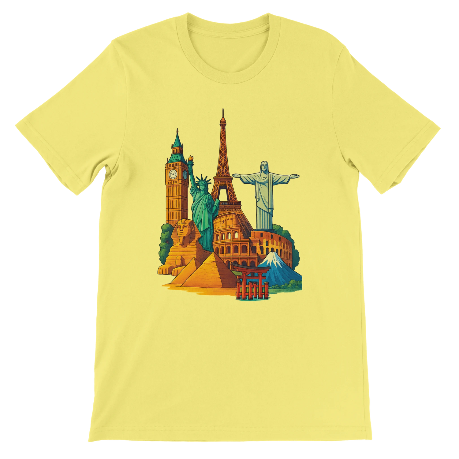 Yellow Famous Landmarks Animated Style T-Shirt with vibrant city landmark artwork showcasing global culture and adventure spirit made from premium soft cotton for travelers and urban fashion fans with a stylish unisex cut ideal for casual tourism inspired streetwear