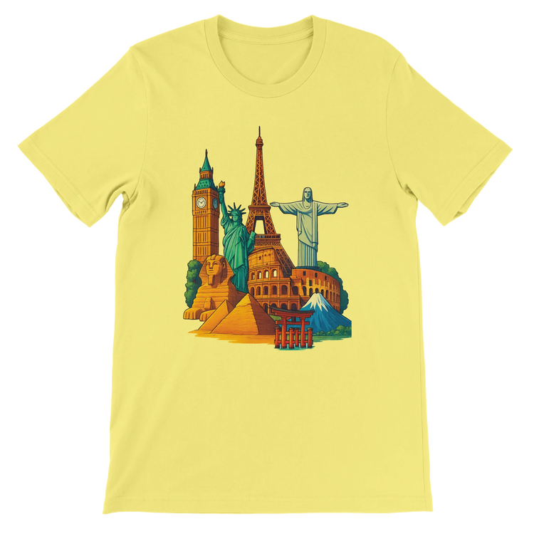 Yellow Famous Landmarks Animated Style T-Shirt with vibrant city landmark artwork showcasing global culture and adventure spirit made from premium soft cotton for travelers and urban fashion fans with a stylish unisex cut ideal for casual tourism inspired streetwear