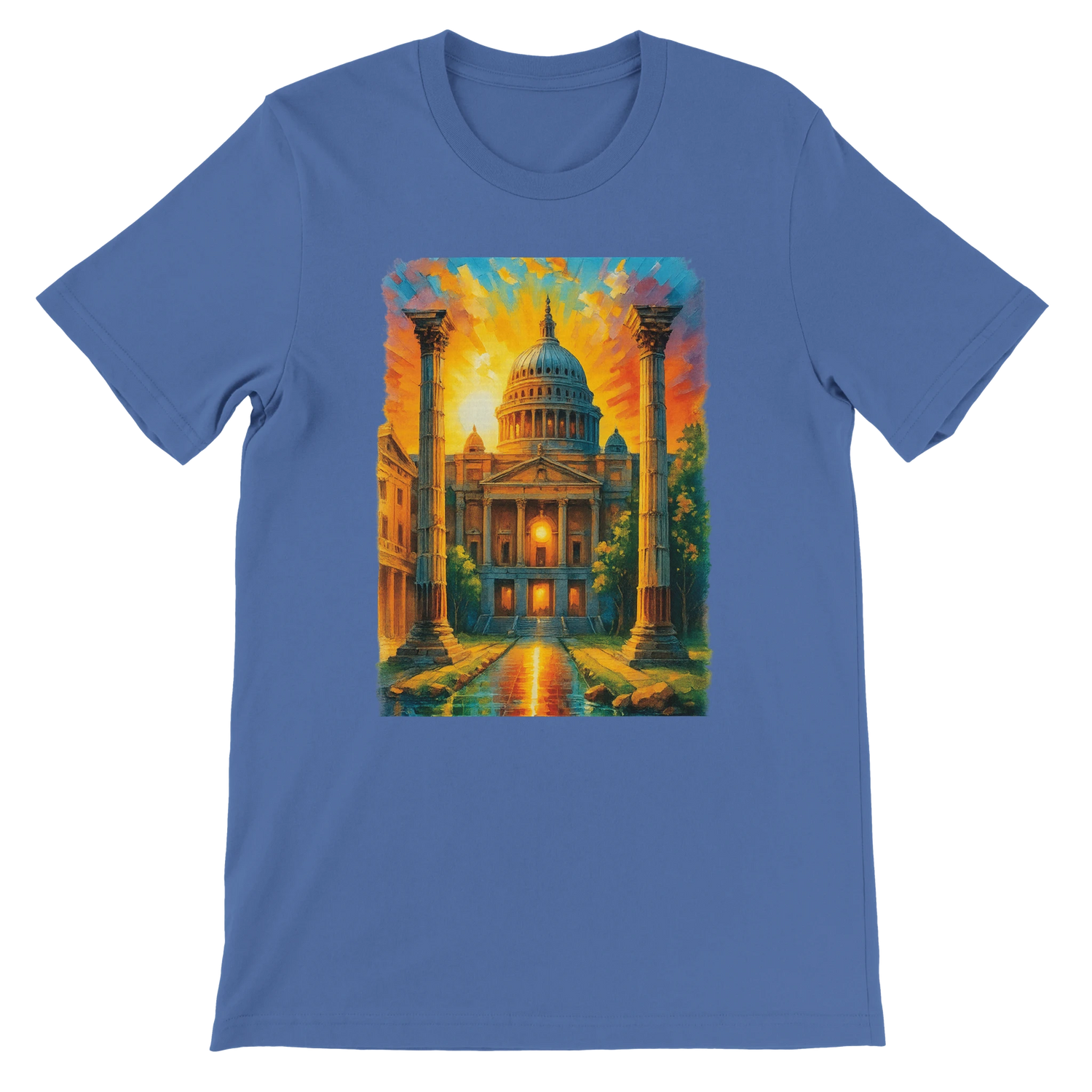 Columbia blue travel graphic tee with artistic rendering of St. Paul’s Cathedral in London. Lightweight and breathable cotton shirt with vivid DTG print. Cultural streetwear fashion for men and women who love iconic world landmarks.