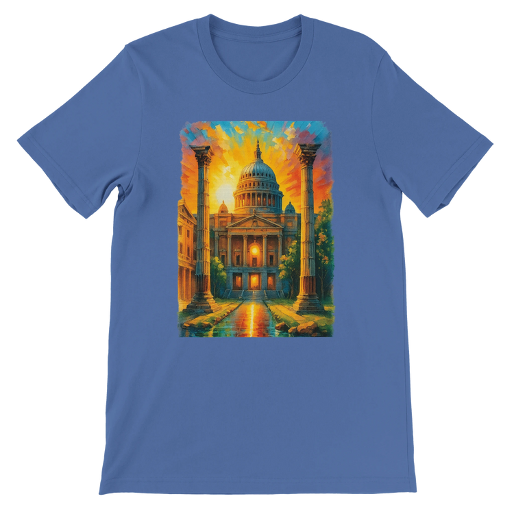 Columbia blue travel graphic tee with artistic rendering of St. Paul’s Cathedral in London. Lightweight and breathable cotton shirt with vivid DTG print. Cultural streetwear fashion for men and women who love iconic world landmarks.