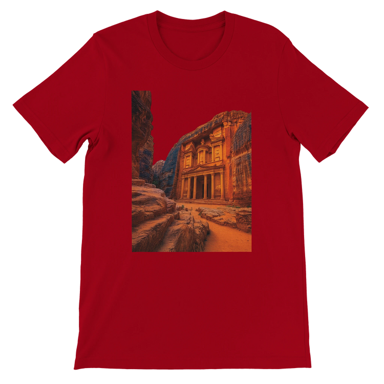 Red Petra Jordan animated style t shirt with colorful landmark design soft breathable cotton comfortable fit unisex streetwear inspired by travel cultural heritage and global adventure fashion
