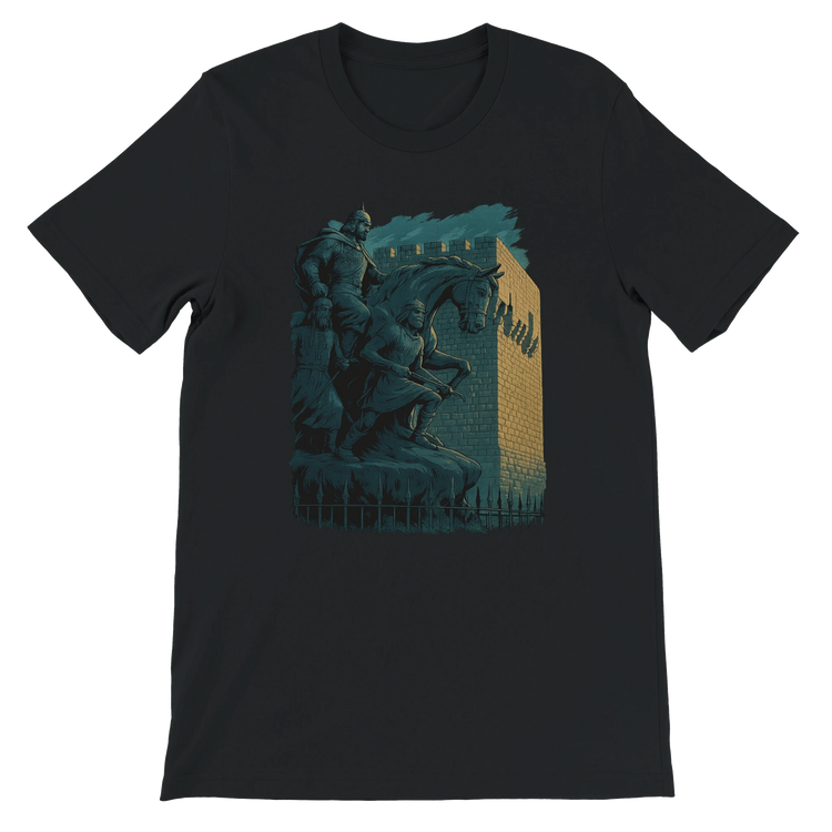 Classic black t-shirt featuring animated cartoon style Salah Al Din statue design from Damascus Syria. Heritage fashion meets streetwear style in this soft cotton DTG print ready tee. Ideal for travelers, historians, and cultural fashion enthusiasts.