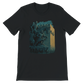 Classic black t-shirt featuring animated cartoon style Salah Al Din statue design from Damascus Syria. Heritage fashion meets streetwear style in this soft cotton DTG print ready tee. Ideal for travelers, historians, and cultural fashion enthusiasts.