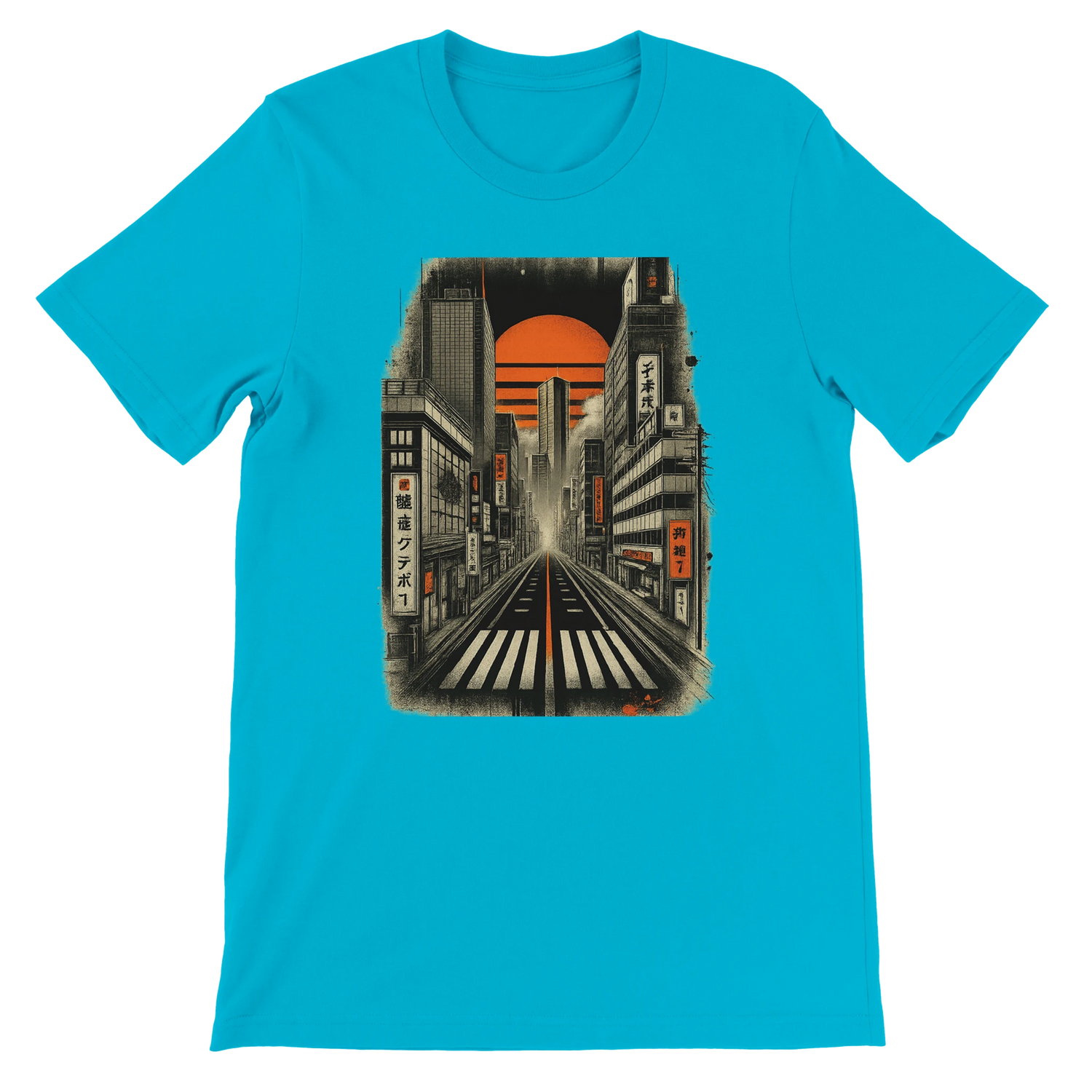 Turquoise Tokyo Nights animated graphic tee showcasing Tokyo’s nightlife in vibrant neon colors unisex premium cotton Japanese fashion streetwear travel culture inspired shirt perfect for city lovers anime fans and print on demand collections