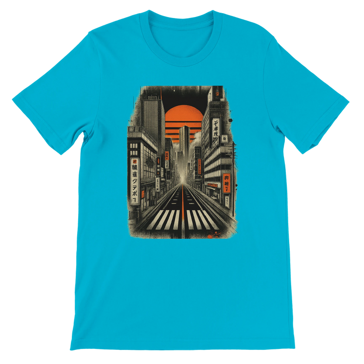 Turquoise Tokyo Nights animated graphic tee showcasing Tokyo’s nightlife in vibrant neon colors unisex premium cotton Japanese fashion streetwear travel culture inspired shirt perfect for city lovers anime fans and print on demand collections