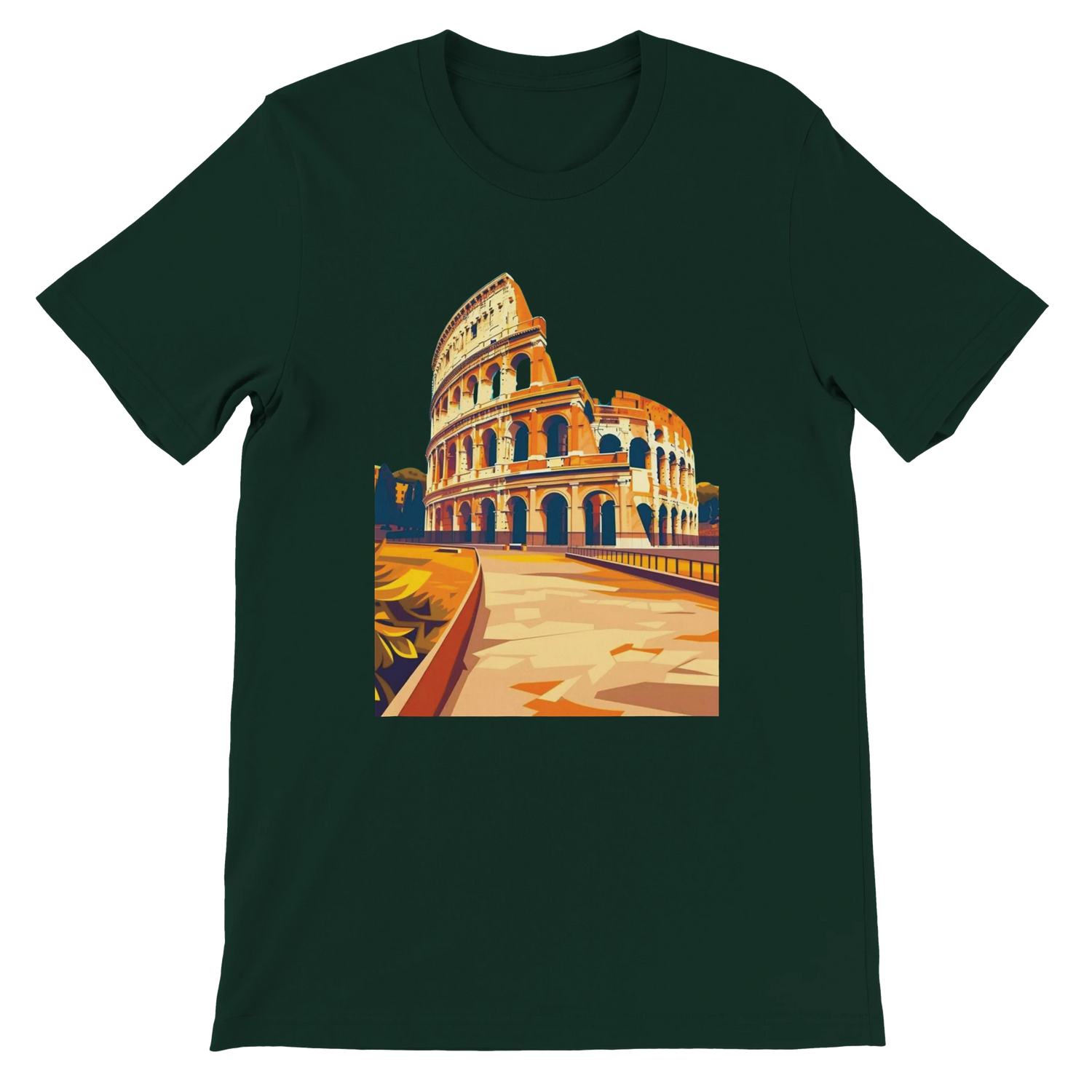 Forest green Rome Colosseum animated style tee with bold landmark artwork. Unisex streetwear t-shirt for global travelers, Roman history fans and art culture lovers. Sustainable cotton for comfortable everyday wear.
