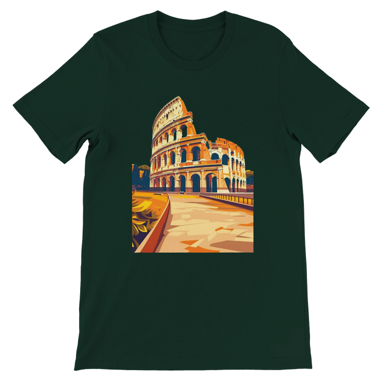 Forest green Rome Colosseum animated style tee with bold landmark artwork. Unisex streetwear t-shirt for global travelers, Roman history fans and art culture lovers. Sustainable cotton for comfortable everyday wear.