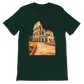Forest green Rome Colosseum animated style tee with bold landmark artwork. Unisex streetwear t-shirt for global travelers, Roman history fans and art culture lovers. Sustainable cotton for comfortable everyday wear.