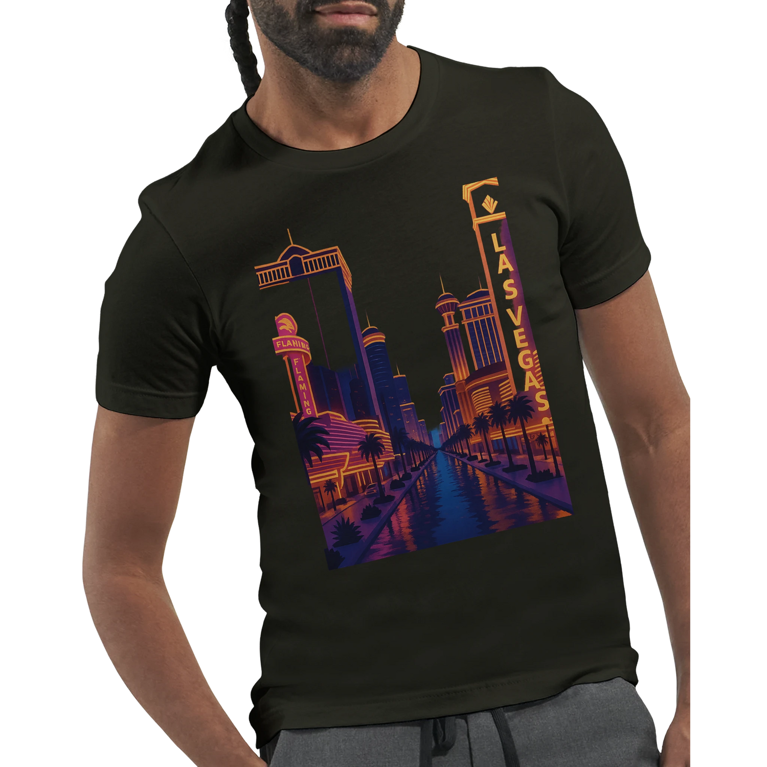 Bold streetwear graphic tee with Las Vegas city lights illustration for city culture lovers music festival fashion and casual urban outfits.