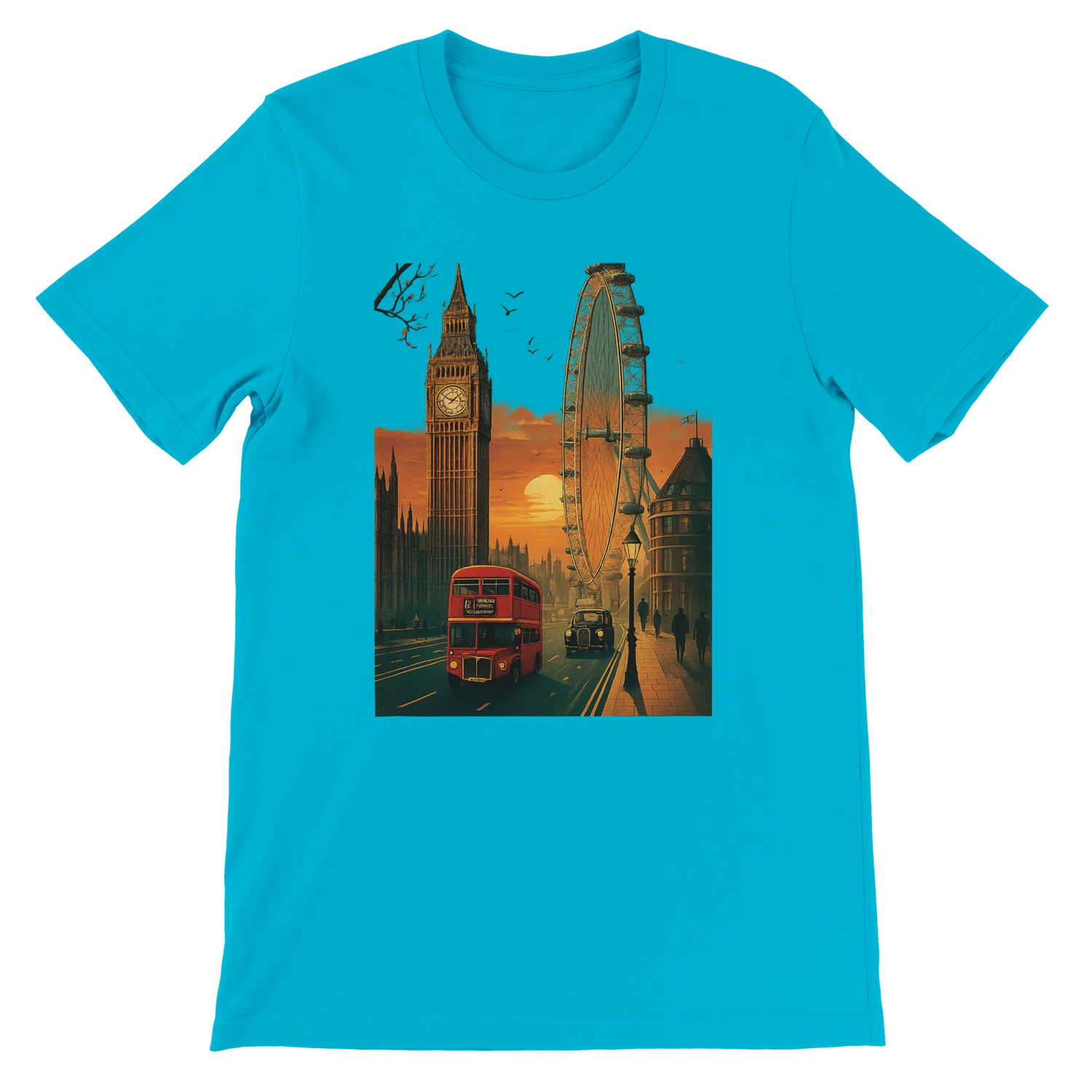 Turquoise London City Animated Style urban fashion T-shirt featuring colorful cartoon London skyline premium soft cotton DTG print shirt for stylish travelers and landmark lovers