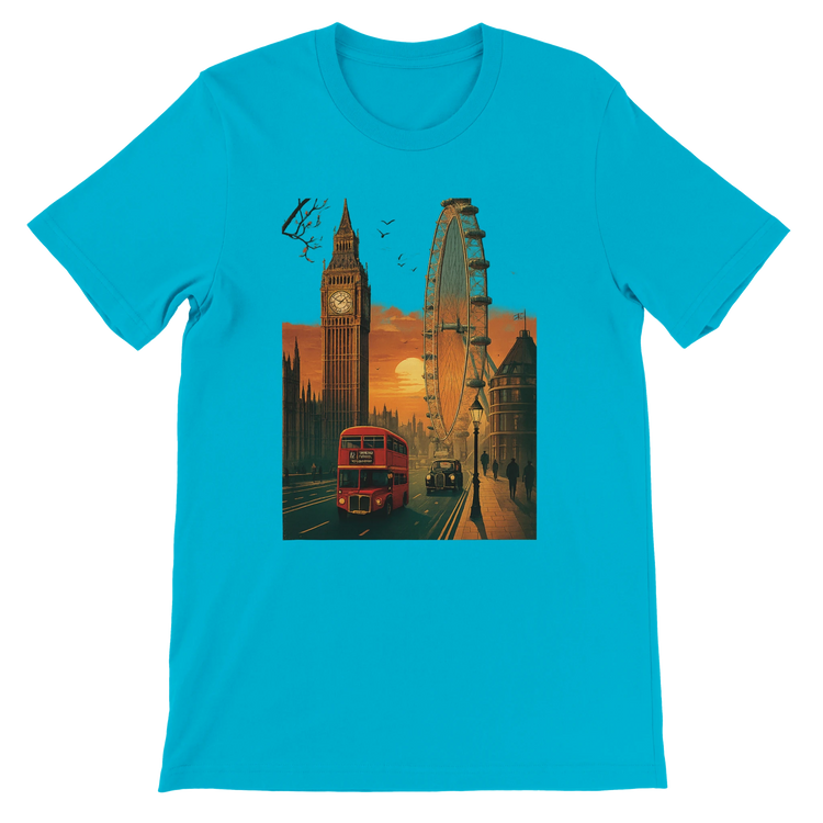 Turquoise London City Animated Style urban fashion T-shirt featuring colorful cartoon London skyline premium soft cotton DTG print shirt for stylish travelers and landmark lovers