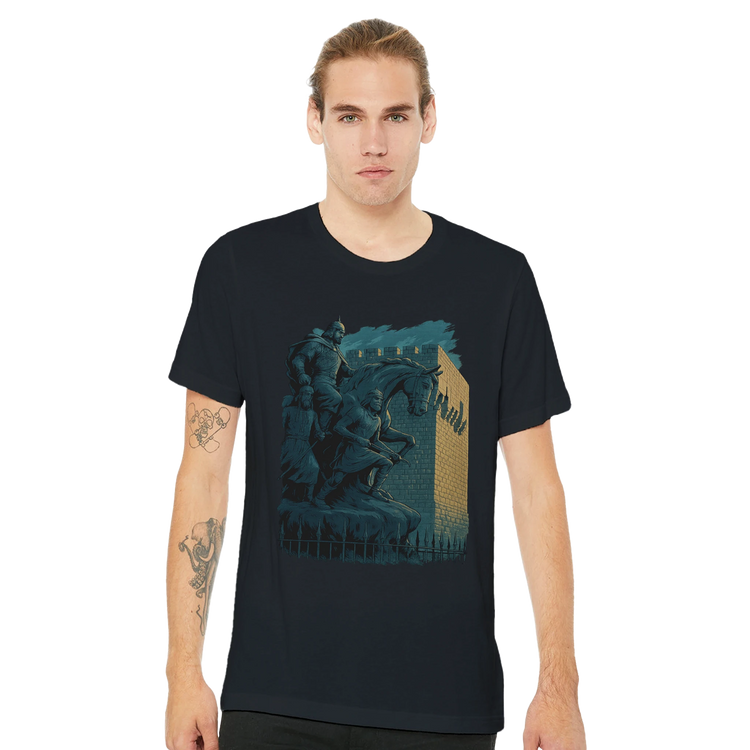 Unique cultural t-shirt featuring animated Salah Al Din statue design from Syria. Unisex fit, soft fabric, and bold print make it a meaningful gift for history lovers, artists, or travel fashion fans.
