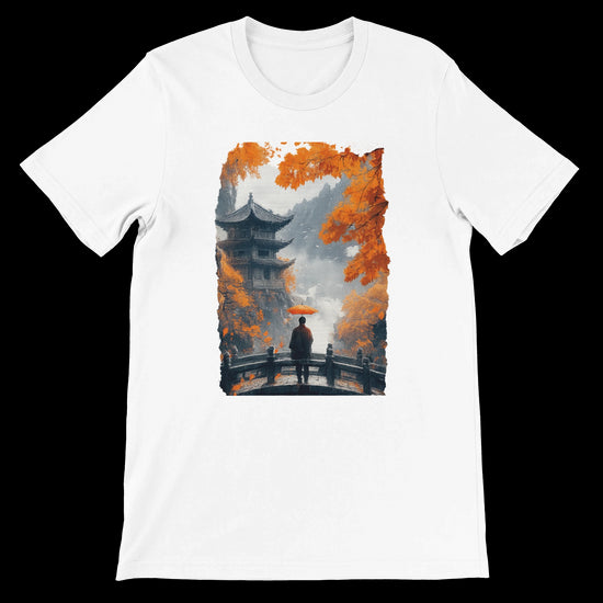 White t-shirt featuring an Asian pagoda and red umbrella design.