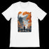 White t-shirt featuring an Asian pagoda and red umbrella design.