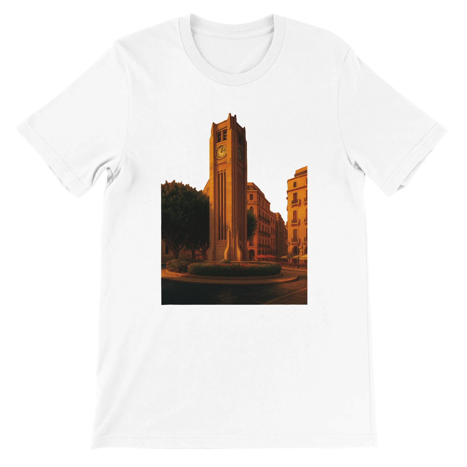 White Solidere Square Beirut animated landmark t-shirt made from premium soft cotton with DTG printed vibrant artwork perfect for travel lovers city culture fashion streetwear and gift ideas for world travelers