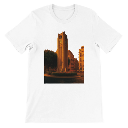 White Solidere Square Beirut animated landmark t-shirt made from premium soft cotton with DTG printed vibrant artwork perfect for travel lovers city culture fashion streetwear and gift ideas for world travelers