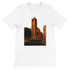 White Solidere Square Beirut animated landmark t-shirt made from premium soft cotton with DTG printed vibrant artwork perfect for travel lovers city culture fashion streetwear and gift ideas for world travelers