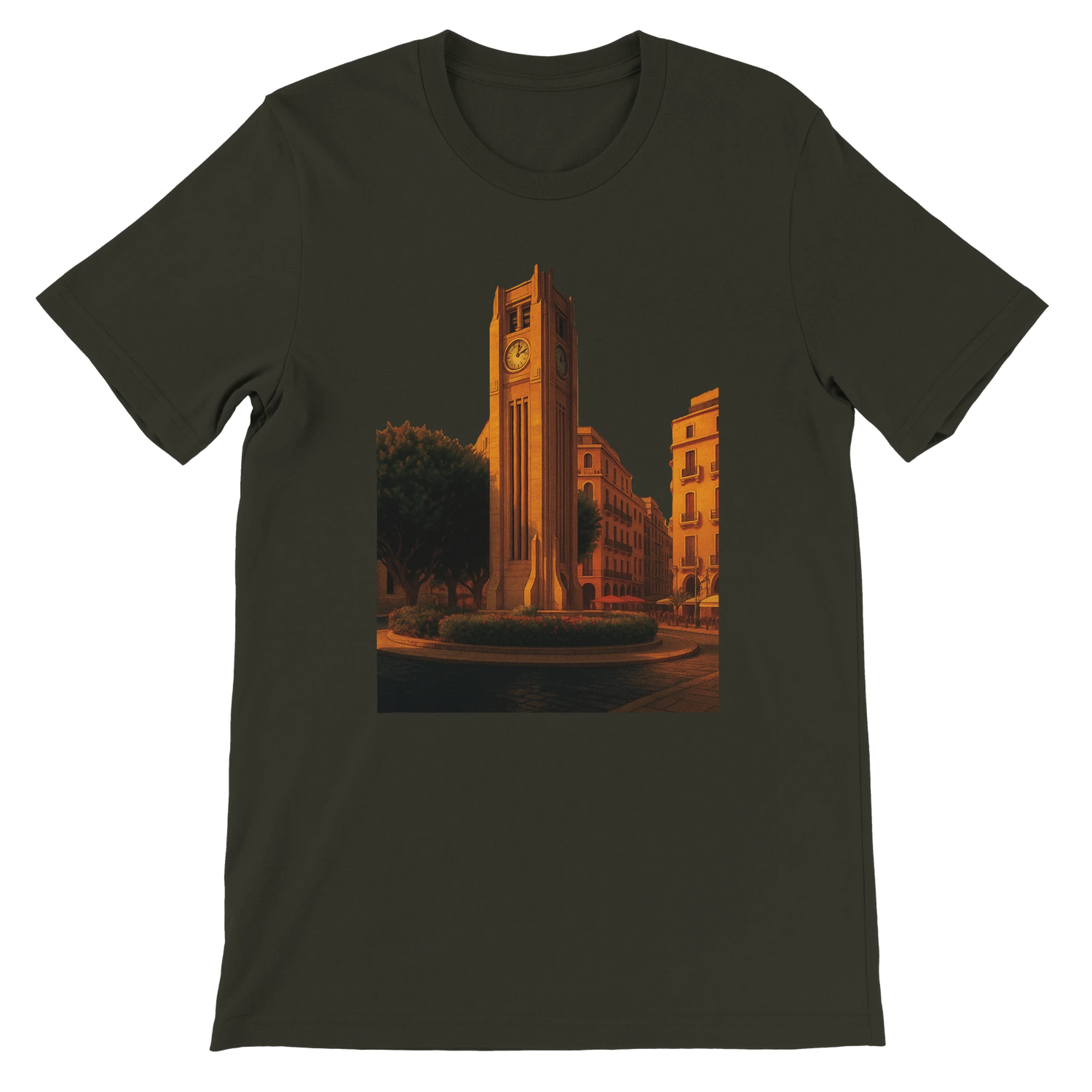 Dark olive Beirut animated landmark t-shirt with colorful Solidere Square city art printed in DTG style for cultural street fashion world travel lovers and casual everyday wear