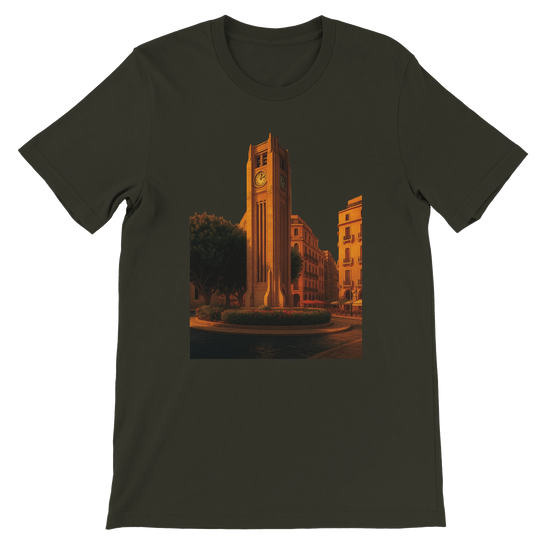Dark olive Beirut animated landmark t-shirt with colorful Solidere Square city art printed in DTG style for cultural street fashion world travel lovers and casual everyday wear
