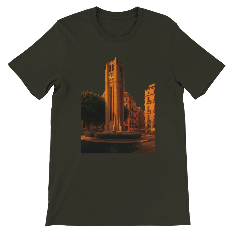 Dark olive Beirut animated landmark t-shirt with colorful Solidere Square city art printed in DTG style for cultural street fashion world travel lovers and casual everyday wear