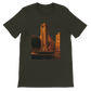 Dark olive Beirut animated landmark t-shirt with colorful Solidere Square city art printed in DTG style for cultural street fashion world travel lovers and casual everyday wear