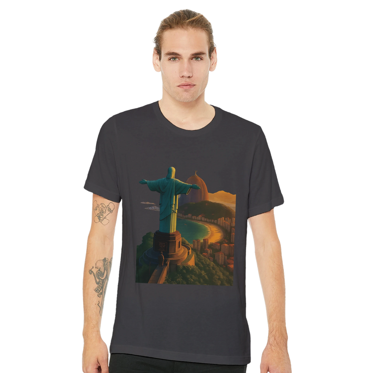 Animated Christ the Redeemer t shirt with Rio de Janeiro Brazil travel landmark graphic printed on premium cotton. Unisex streetwear travel tee for global culture lovers urban explorers and fashion trendsetters.