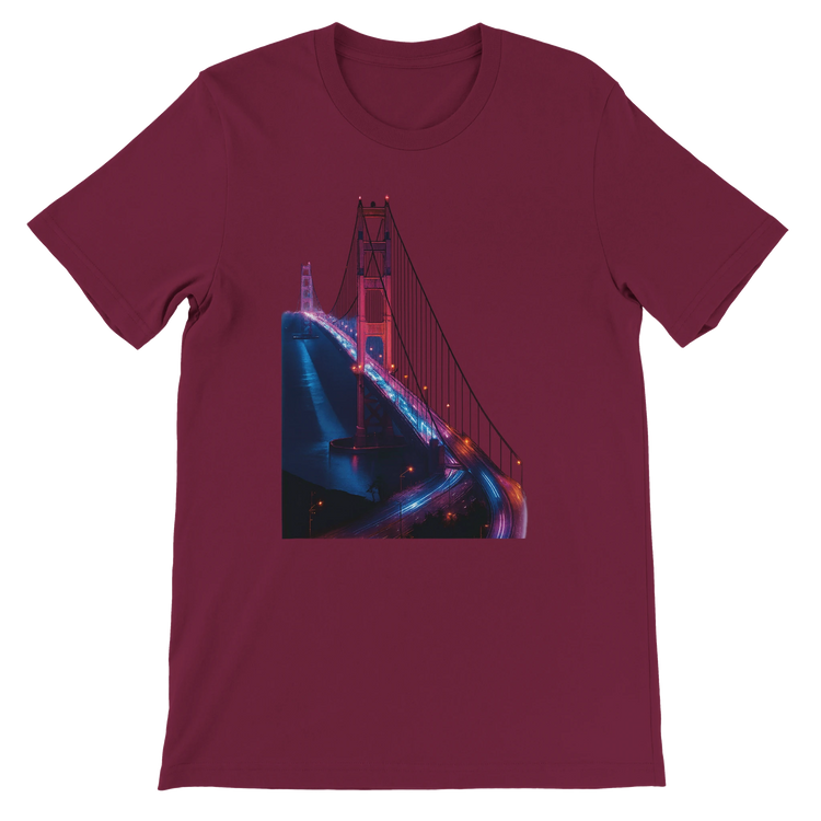Maroon Golden Gate Bridge animated style graphic t shirt for modern travelers and streetwear lovers. Soft and durable cotton shirt with bold city landmark design ideal for casual outfits and vacation wear.