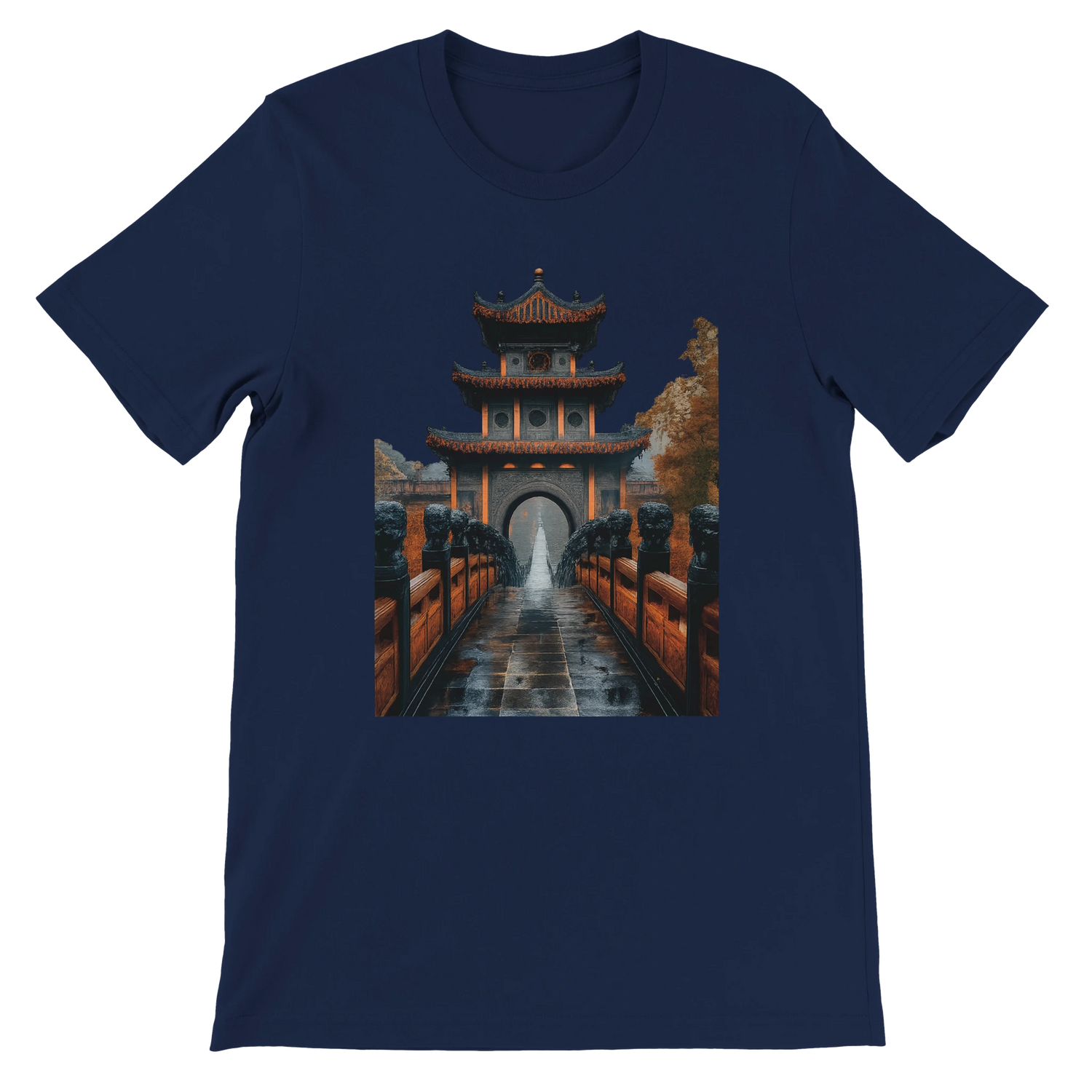Navy Ancient Chinese Mega Bridge animated style unisex t-shirt with vivid Asian architectural artwork bold DTG printing breathable premium cotton ideal for city travel outfits and trending streetwear apparel for culture inspired wardrobes