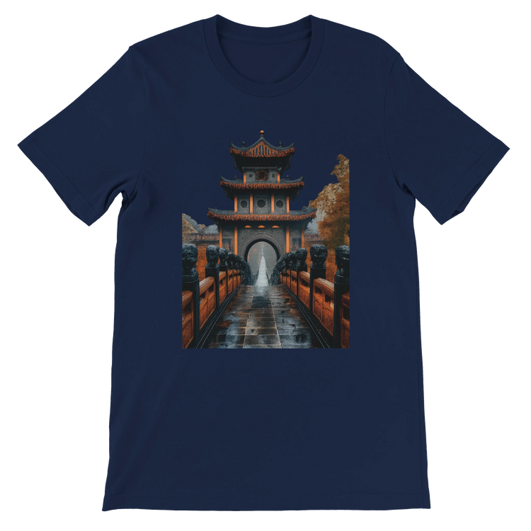 Navy Ancient Chinese Mega Bridge animated style unisex t-shirt with vivid Asian architectural artwork bold DTG printing breathable premium cotton ideal for city travel outfits and trending streetwear apparel for culture inspired wardrobes