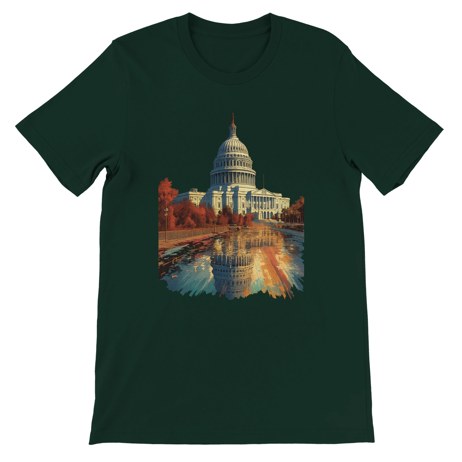 Forest green Washington DC landmark tee with animated White House print. A soft, breathable cotton shirt for eco-conscious travelers and cultural streetwear lovers into bold global aesthetics.