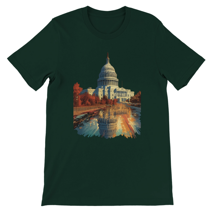 Forest green Washington DC landmark tee with animated White House print. A soft, breathable cotton shirt for eco-conscious travelers and cultural streetwear lovers into bold global aesthetics.